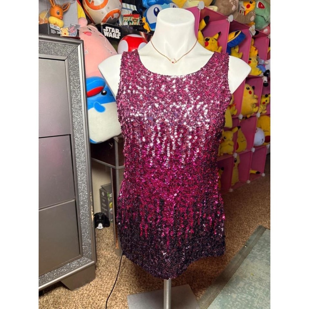 Y2K Pink Purple Ombre Sequin Tank Top Sleeveless Party Glam Scoop Neck Large #2